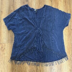 Bohemian Blue Eyelet Embroidered Tie Front Fringe Cardigan Top Womens M Festival